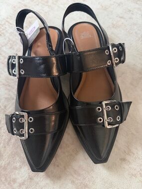 wild fable Black Pointed-Toe Buckle Slingback Flats